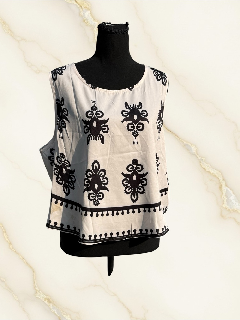 SHEIN White Sleeveless Blouse with Black Scroll Print